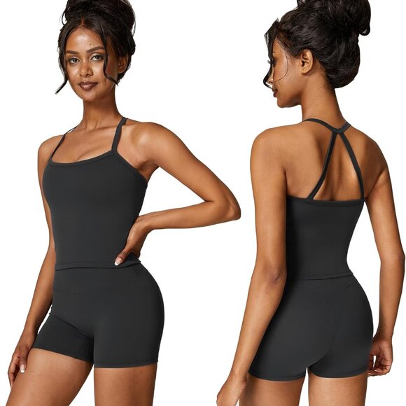 Stylish Women’s Workout Set: Breathable Open Back Tank & Tummy Control Shorts - Picture 1 of 5